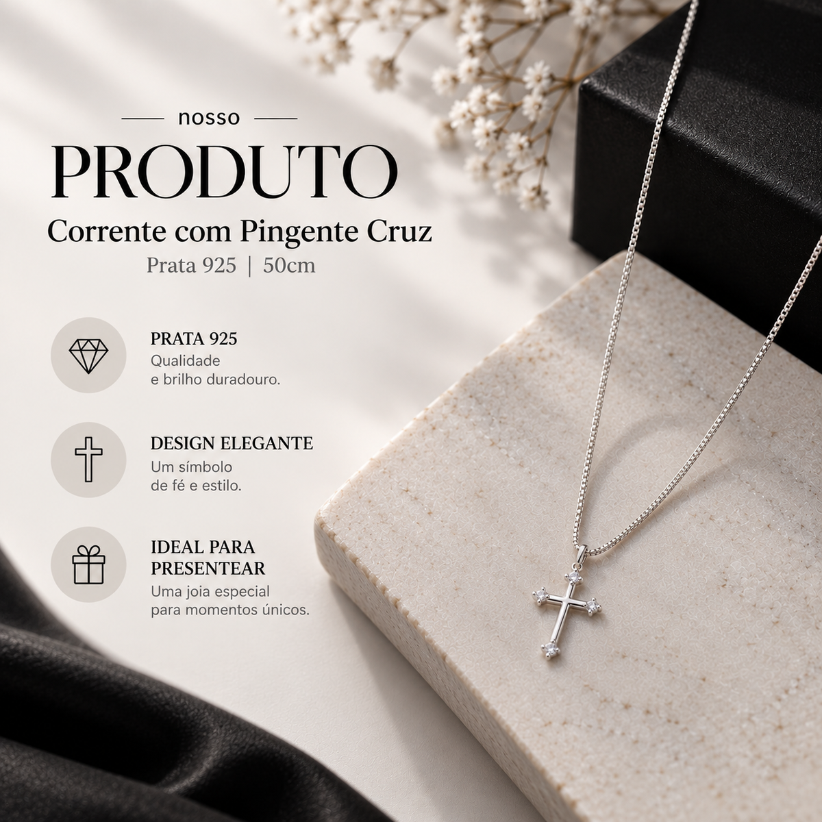 Corrente Em Prata 925 50cm + Pingente Cruz